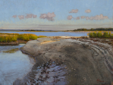 18x24 inches, oil on linen 2021; Dweees Island at Capers InletLatitude- 32°51'1.96"N:Longitude- 79°42'15.53"W;to:32.8505444444, -79.7043138889 (Sunrise Lands End)