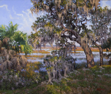 30x36 oil on linen 2021; sgnd BR West Fraser (c); HighPoint Plantation, Wadmalw Island SC;Latitude- 32°36'47.33"N: Longitude- 80°12'52.69"W;to:32.6131472222, -80.2146361111 (Foot loose and Fancy Free)