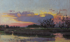 12x20 oil on linen 2020, sgnd B West Fraser (c); fly fishing on the flats off the Wando River, Charleston, SC;