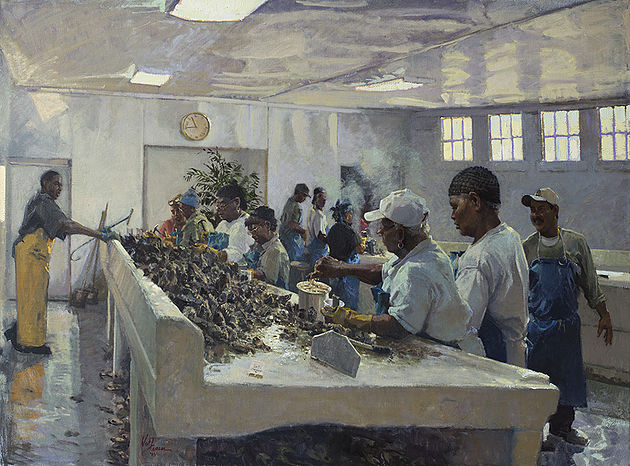 Bluffton Oyster Factory Shuckers, 39 x 52 inches, Oil, 2014